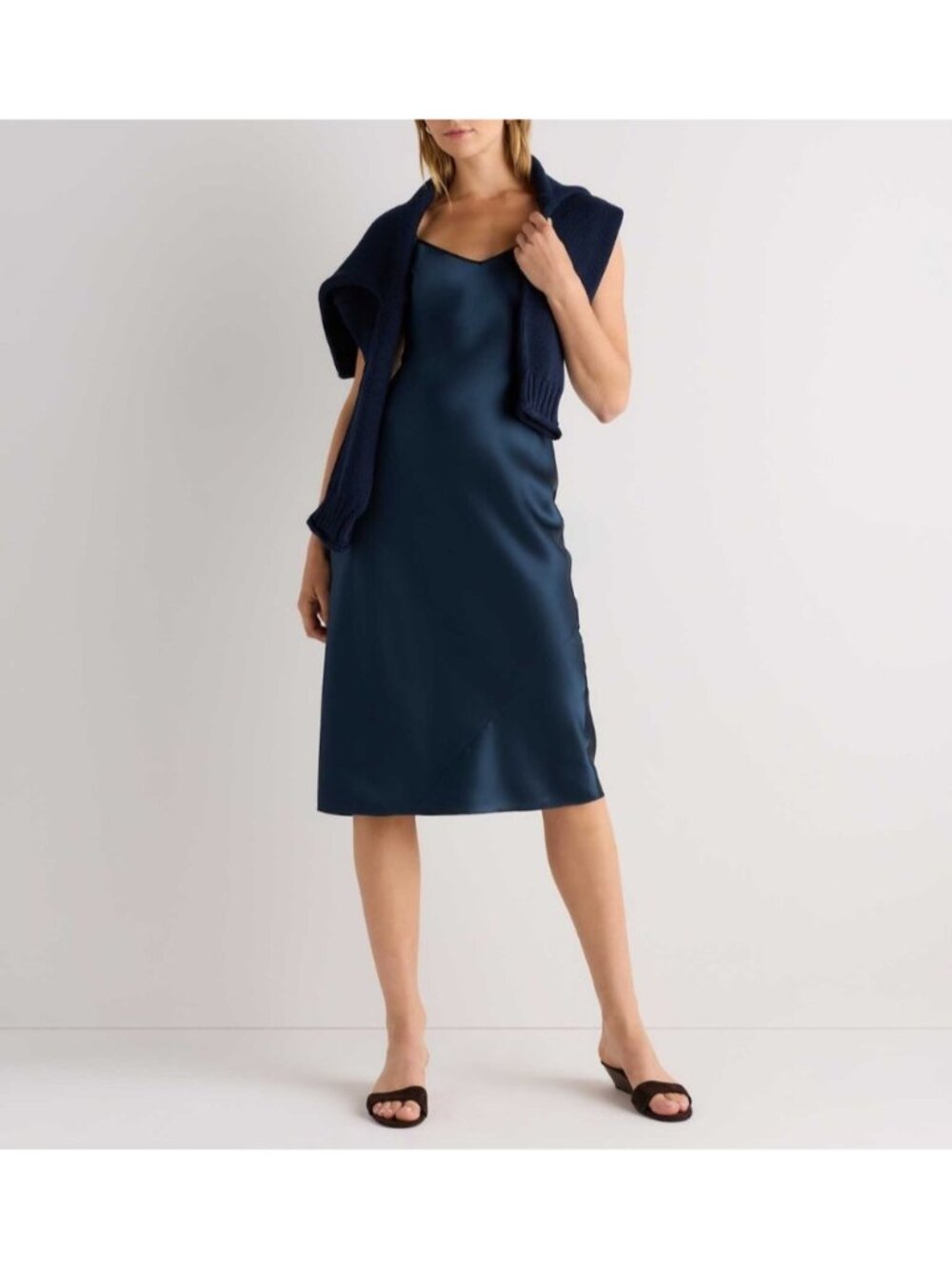 Quince Sz Medium100% Washable Silk Navy Slip Dress With Adjustable Straps